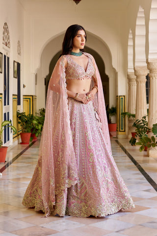 Three-quarter view of rosaline pink plunging V-neck blouse and paneled lehenga with net dupatta by Osaa by Adarsh at Mrs. G