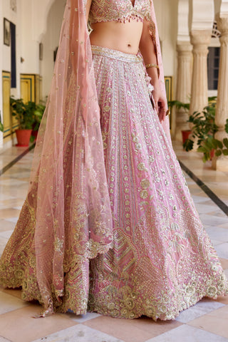 Skirt view of rosaline pink lehenga with a scalloped zardozi border and net dupatta by Osaa by Adarsh at Mrs. G