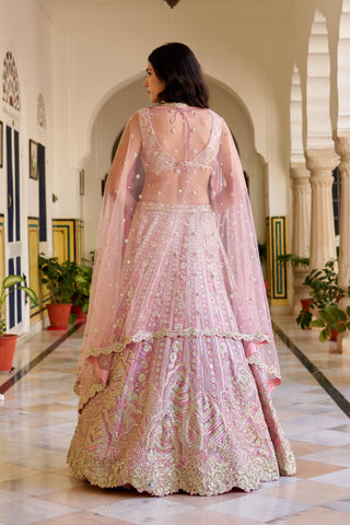 Back view of rosaline pink lehenga with a sheer net back and scalloped hem border by Osaa by Adarsh at Mrs. G