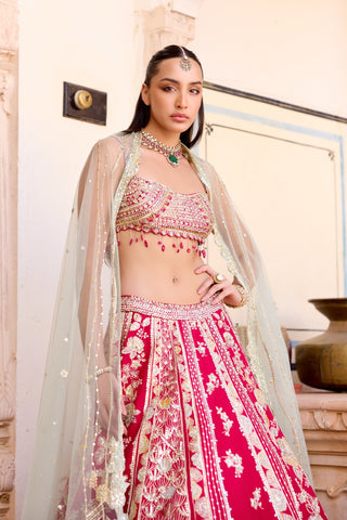 Waist-up view of cut ruby pearl-embroidered blouse with red bead drops and pale mint dupatta by Osaa by Adarsh at Mrs. G