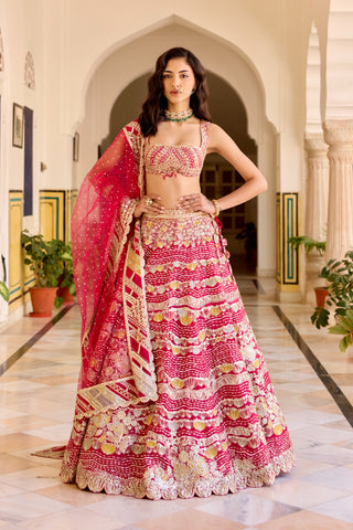 Front view of cut ruby lehenga with rows of zardozi scallop motifs and net dupatta by Osaa by Adarsh at Mrs. G