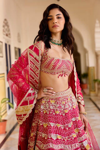 Close view of cut ruby square-neck blouse with zardozi stripes and a net dupatta border by Osaa by Adarsh at Mrs. G