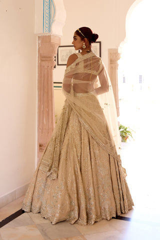 Back view of frost champagne lehenga with sheer back detail and net dupatta over the shoulder by Osaa by Adarsh at Mrs. G