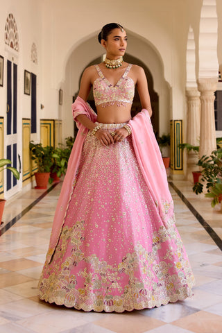 Front view of rosaline pink lehenga with sequin-scattered skirt and matching dupatta by Osaa by Adarsh at Mrs. G