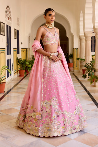 Front view of rosaline pink lehenga with deep scalloped floral border and pink dupatta by Osaa by Adarsh at Mrs. G