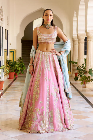 Front view of rosaline pink lehenga with zardozi stripes and powder blue dupatta by Osaa by Adarsh at Mrs. G