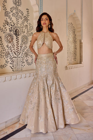 Front view of frost champagne fish cut lehenga with a halter top and silver zardozi flowers by Osaa by Adarsh at Mrs. G