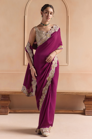 Front view of aubergine saree with floral zardozi border and sweetheart embroidered blouse by Osaa by Adarsh at Mrs. G