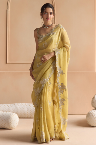 Front view of butter yellow organza saree with scalloped floral applique border and sleeveless blouse by Osaa by Adarsh at Mrs. G