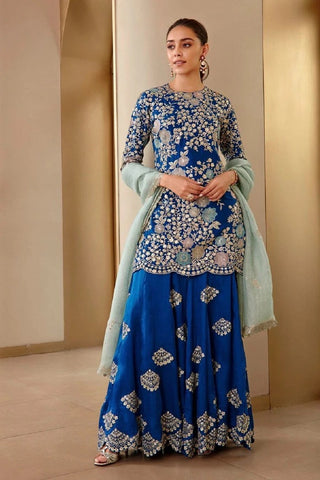 Front view of jade blue floral embroidered kurta with flared sharara and mint dupatta by Osaa by Adarsh at Mrs. G