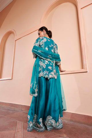 Back view of pine green embroidered kurta with net dupatta and flared sharara by Osaa by Adarsh at Mrs. G