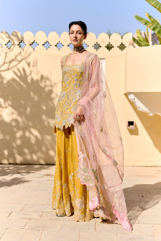 Front view of canary yellow sharara set with a zardozi kurta and pale pink net dupatta by Osaa by Adarsh at Mrs. G