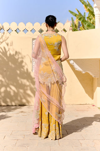 Back view of canary yellow sharara set with pale pink net dupatta over the shoulder by Osaa by Adarsh at Mrs. G