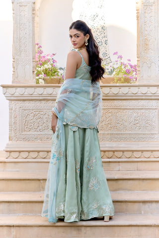 Back view of sage sharara set with a pale blue dupatta over the shoulders by Osaa by Adarsh at Mrs. G