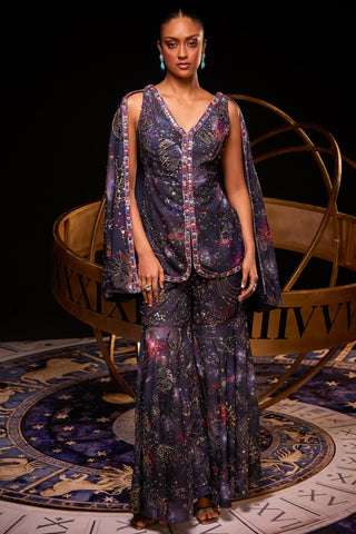 Navy multicolored cassiopeia cape sharara set