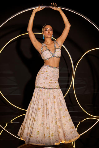 Multicolored luneth fusion lehenga set