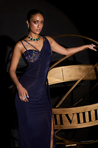 Navy Multicolored Bellatrix Corset Sari Gown - Ohaila Khan | Mrs. G 5XL / Blue / Women Navy Multicolored Bellatrix Corset Sari Gown - Ohaila Khan | Mrs. G 5XL / Blue / Women
