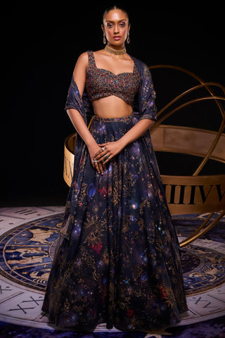 Navy multicolored galaxy printed jewel lehenga set