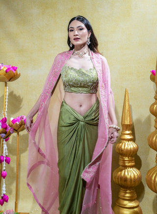 Olive draped skirt and cape set