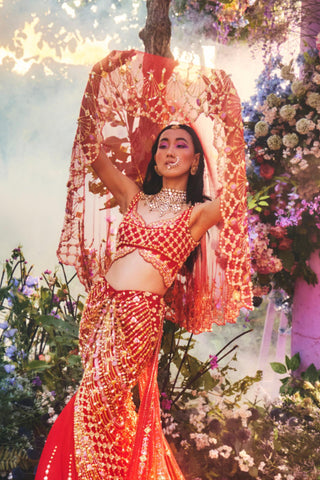 Lehenga Set Indian Wedding - Red fishcut by Papa Don't Preach