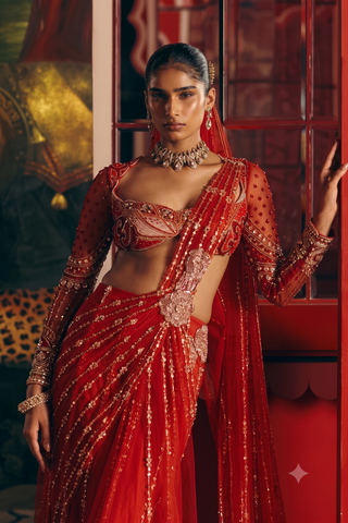 Saree Set for Indian Wedding – Red Lunar Veil by Papa Don't Preach