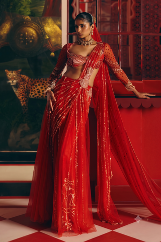 Saree Set for Indian Wedding – Red Lunar Veil by Papa Don't Preach