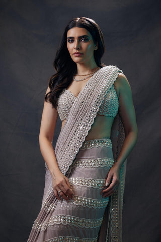 Saree for Wedding Ceremony – Pink Piroi Chandelier Pearl Drop by Vvani By Vani Vats