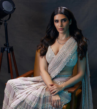 Saree for Wedding Ceremony – Pink Piroi Chandelier Pearl Drop by Vvani By Vani Vats