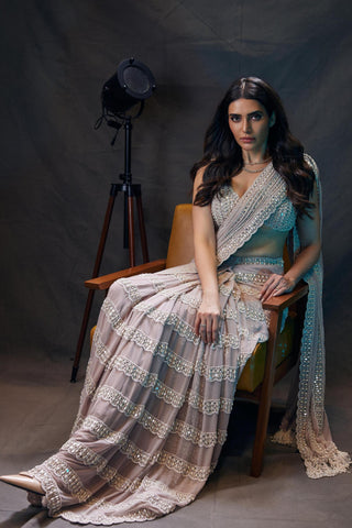 Saree for Wedding Ceremony – Pink Piroi Chandelier Pearl Drop by Vvani By Vani Vats