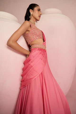 Lehenga Saree For Indian Wedding - Pink Solene Lehenga Saree by Prevasu