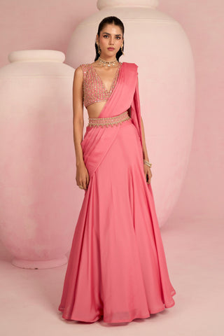 Lehenga Saree For Indian Wedding - Pink Solene Lehenga Saree by Prevasu