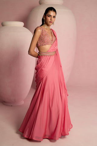 Lehenga Saree For Indian Wedding - Pink Solene Lehenga Saree by Prevasu