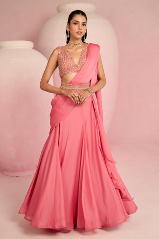Lehenga Saree For Indian Wedding - Pink Solene Lehenga Saree by Prevasu