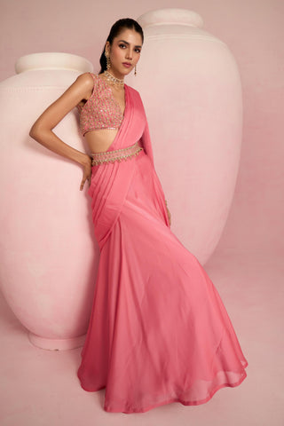 Lehenga Saree For Indian Wedding - Pink Solene Lehenga Saree by Prevasu