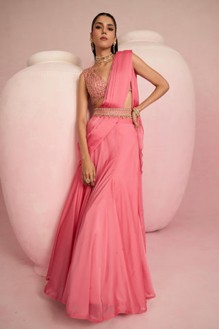 Lehenga Saree For Indian Wedding - Pink Solene Lehenga Saree by Prevasu