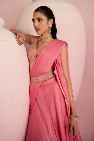 Lehenga Saree For Indian Wedding - Pink Solene Lehenga Saree by Prevasu
