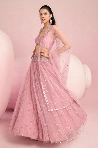 Lehenga Set For Indian Wedding - Pink Solene Silk Lehenga Set by Prevasu