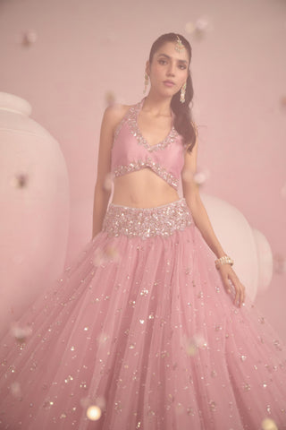 Lehenga Set For Indian Wedding - Pink Solene Silk Lehenga Set by Prevasu