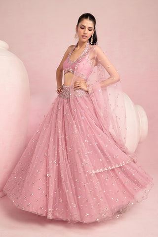 Lehenga Set For Indian Wedding - Pink Solene Silk Lehenga Set by Prevasu
