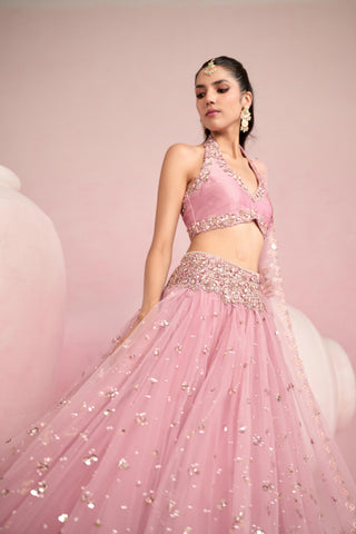 Lehenga Set For Indian Wedding - Pink Solene Silk Lehenga Set by Prevasu