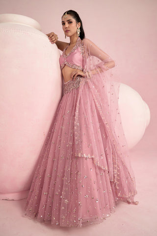 Lehenga Set For Indian Wedding - Pink Solene Silk Lehenga Set by Prevasu