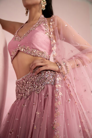 Lehenga Set For Indian Wedding - Pink Solene Silk Lehenga Set by Prevasu