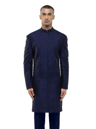Navy Blue Pleated Sherwani Set