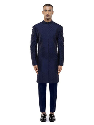 Navy Blue Pleated Sherwani Set