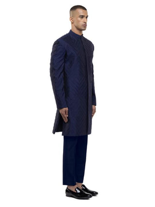 Navy Blue Pleated Sherwani Set