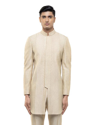 Beige Pintuck Embroidered Achkan Set