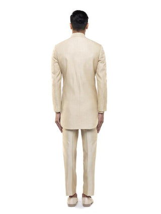 Beige Pintuck Embroidered Achkan Set