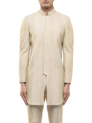 Beige Pintuck Embroidered Achkan Set