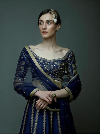 Dark blue kundan and dabka embellished lehanga set