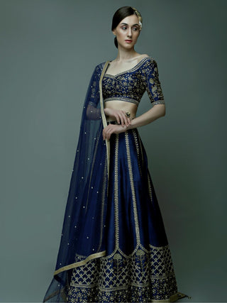 Dark blue kundan and dabka embellished lehanga set